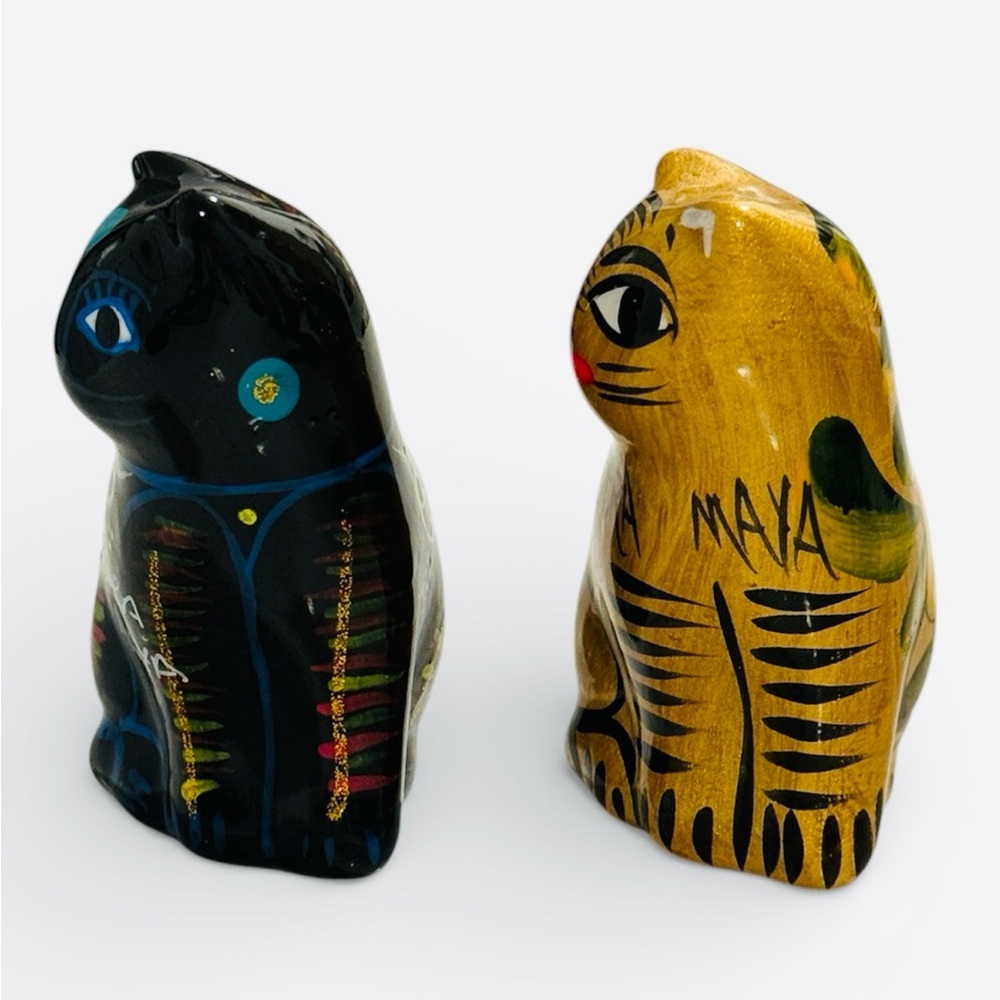 Vintage Mexican Folk Art Pottery Cats - Set of 2 - Hand Painted Riviera Maya - Picture 3 of 10